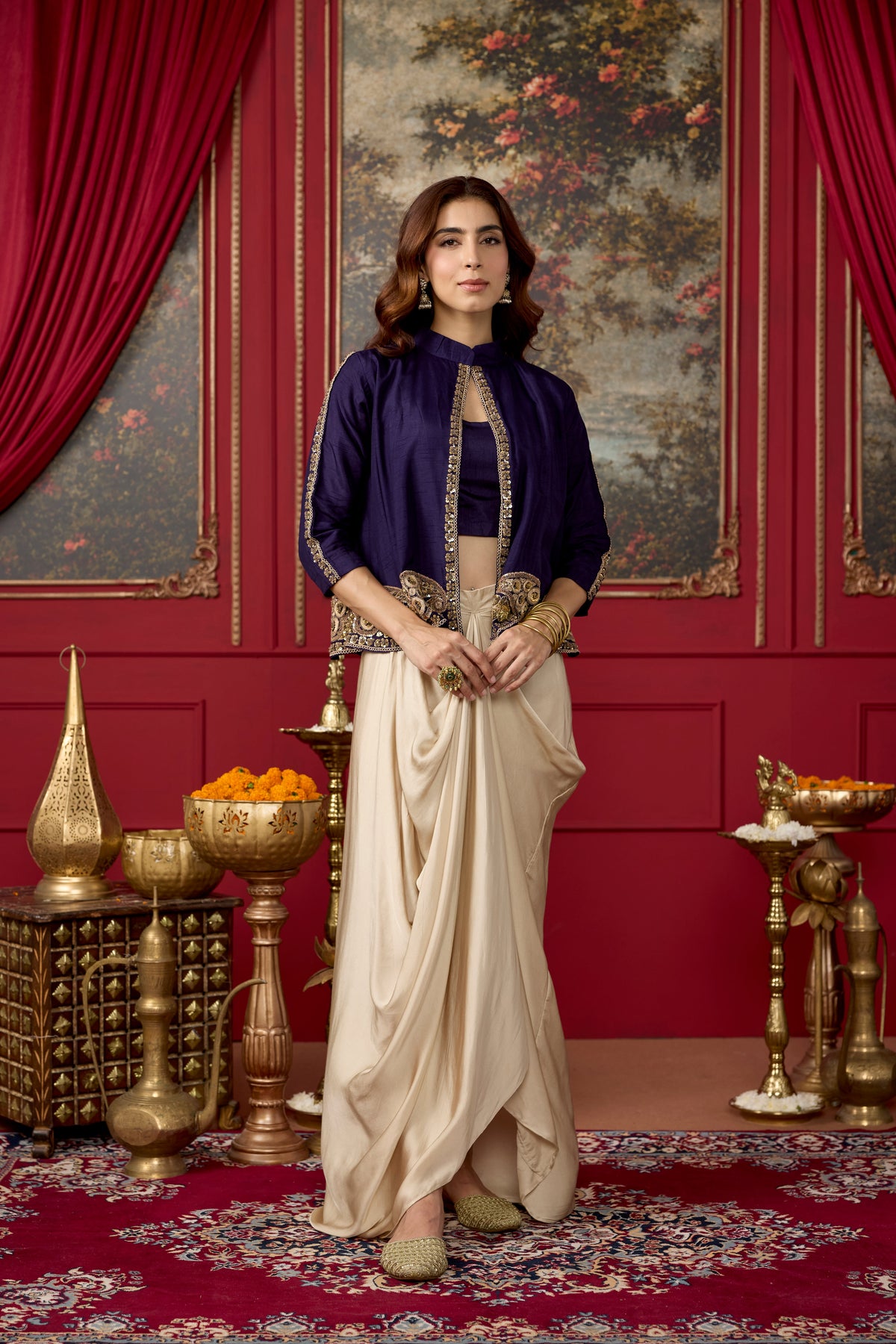 Purple Ecru Embellished Raw Silk Pant Set