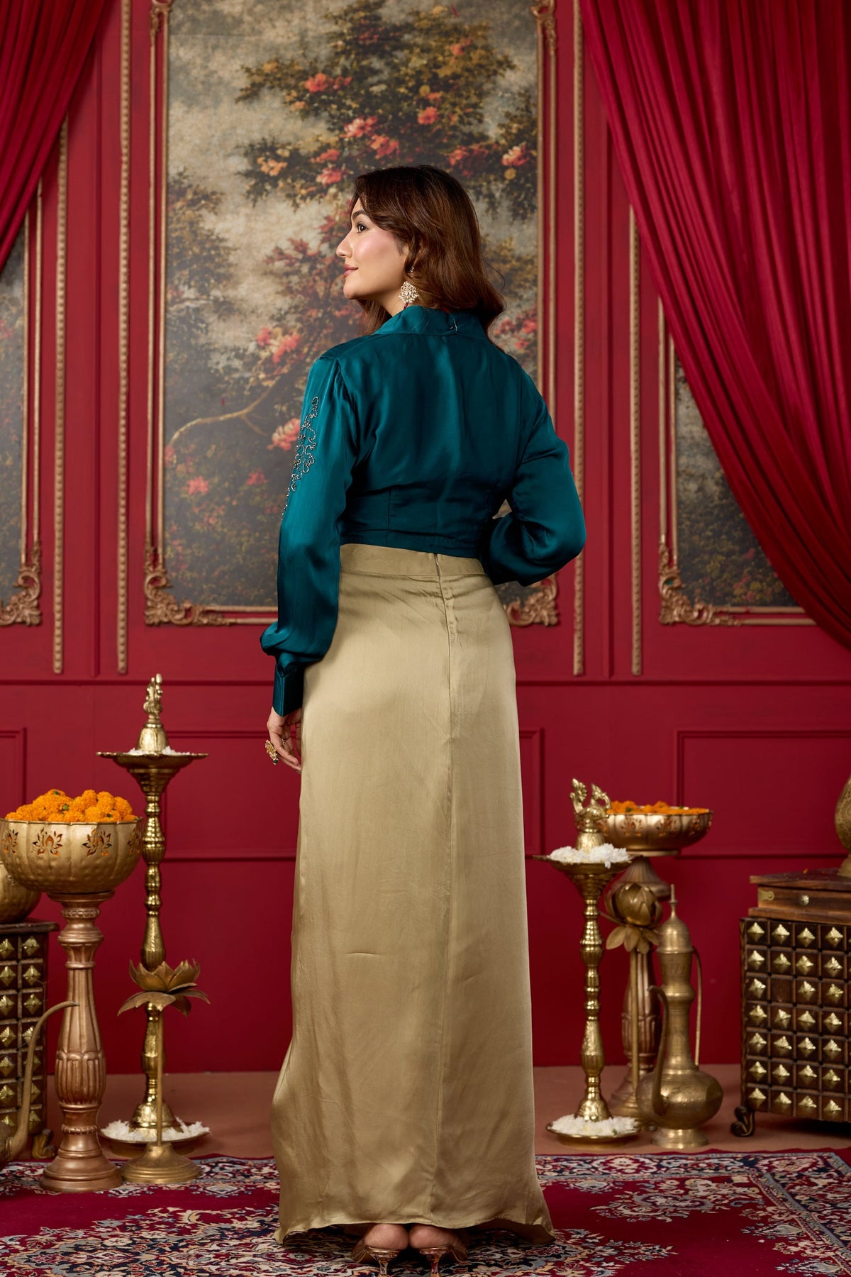Teal Green Embellished Crepe Satin Silk Skirt Set