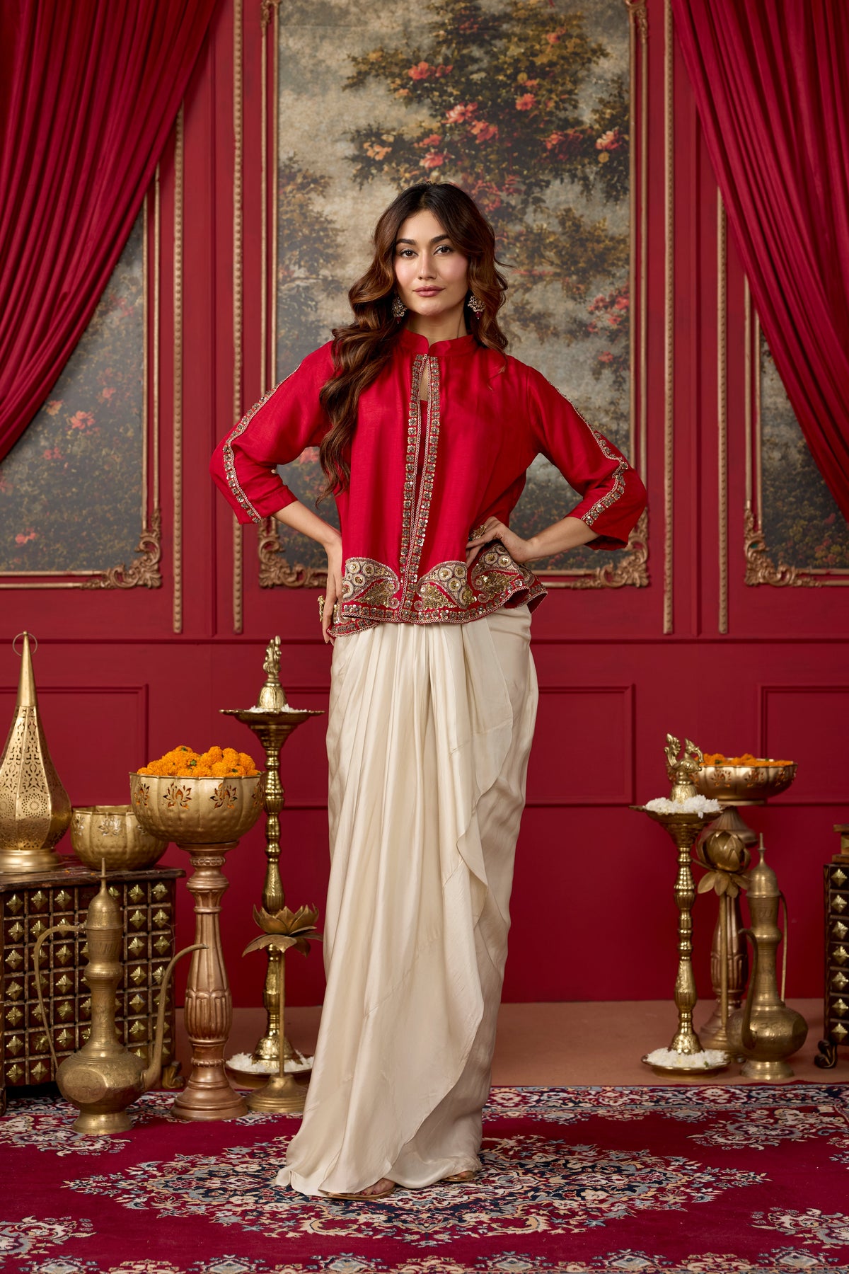 Red Ecru Embellished Raw Silk Pant Set