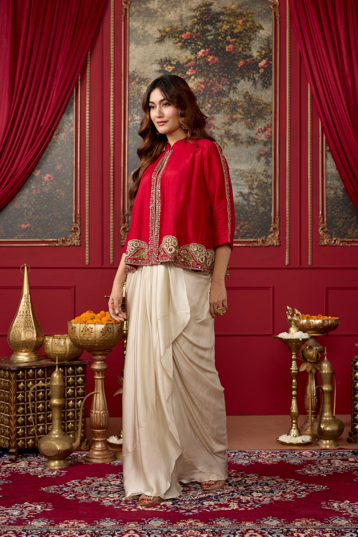 Red Ecru Embellished Raw Silk Pant Set