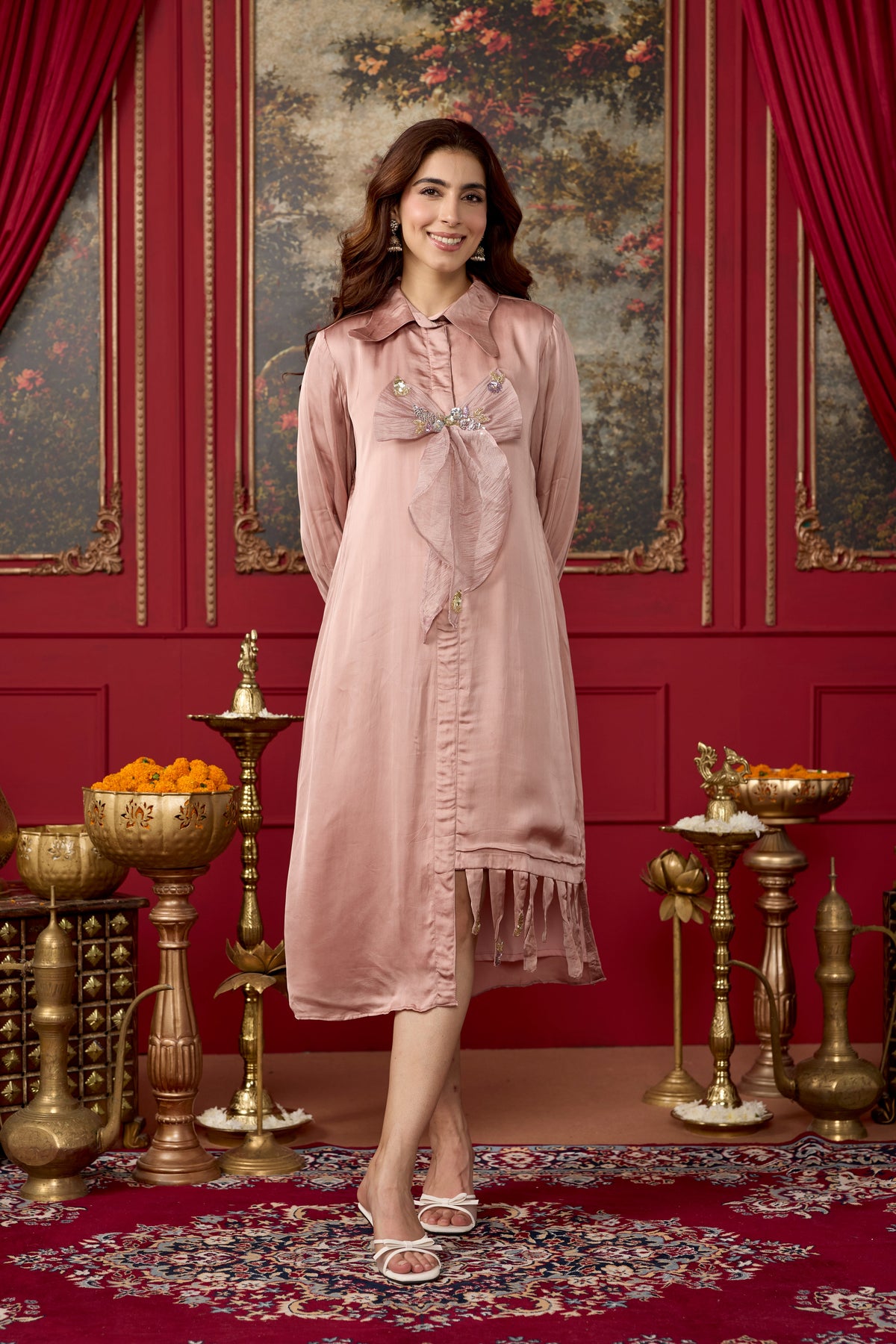 Muted Pink Embellished Satin Silk Dress