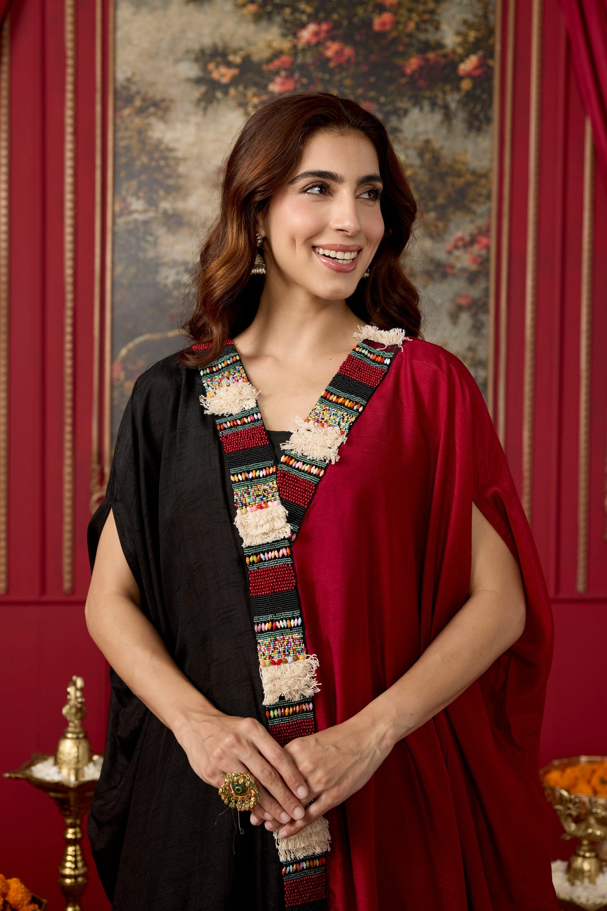 Black and Maroon Embellished Raw Silk Kaftan Set