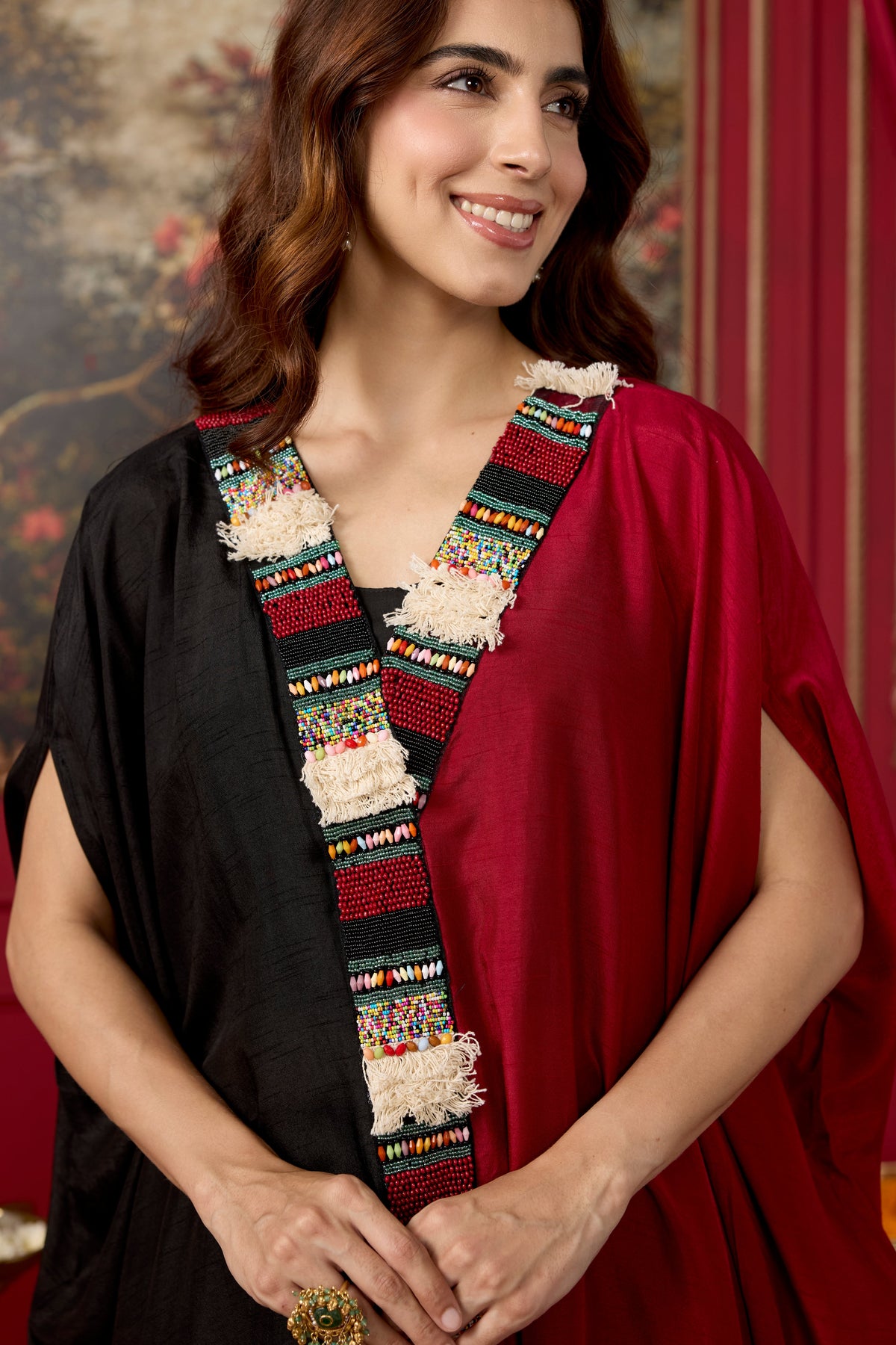 Black and Maroon Embellished Raw Silk Kaftan Set
