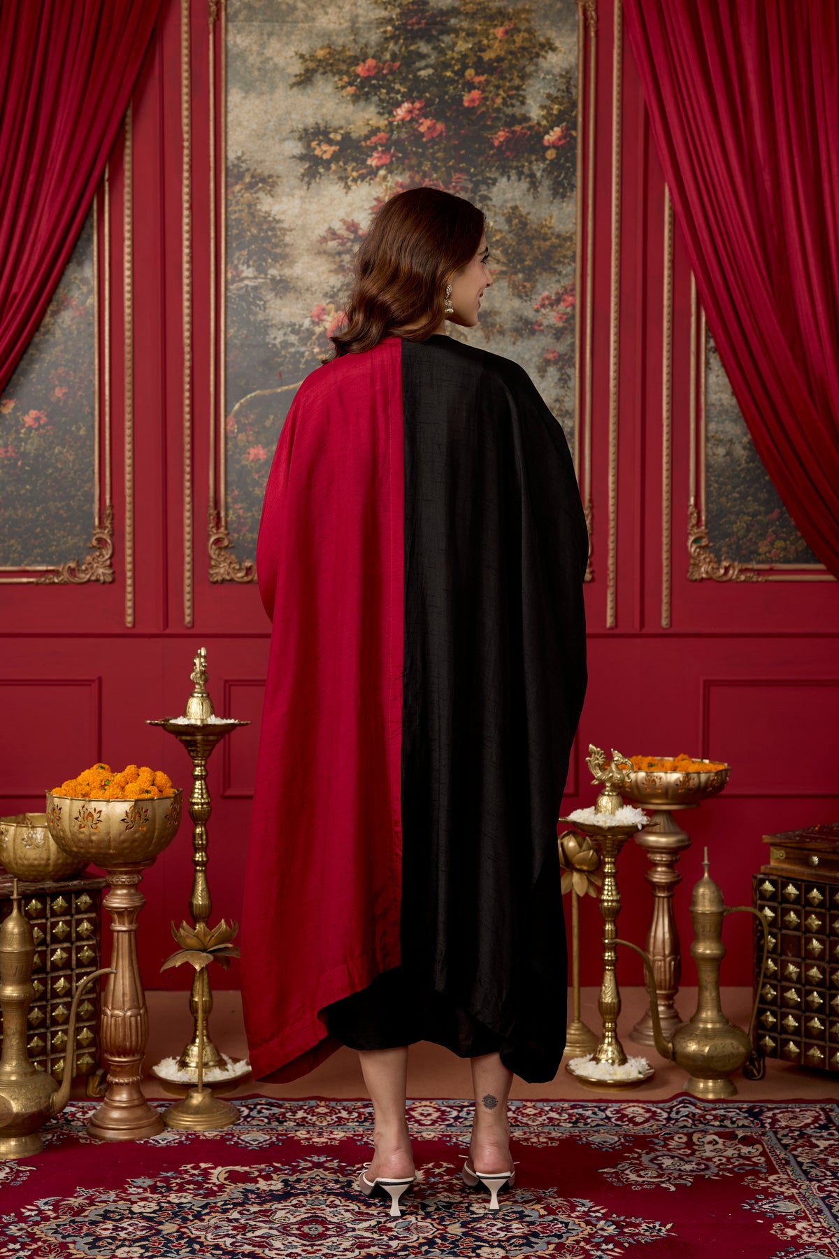 Black and Maroon Embellished Raw Silk Kaftan Set