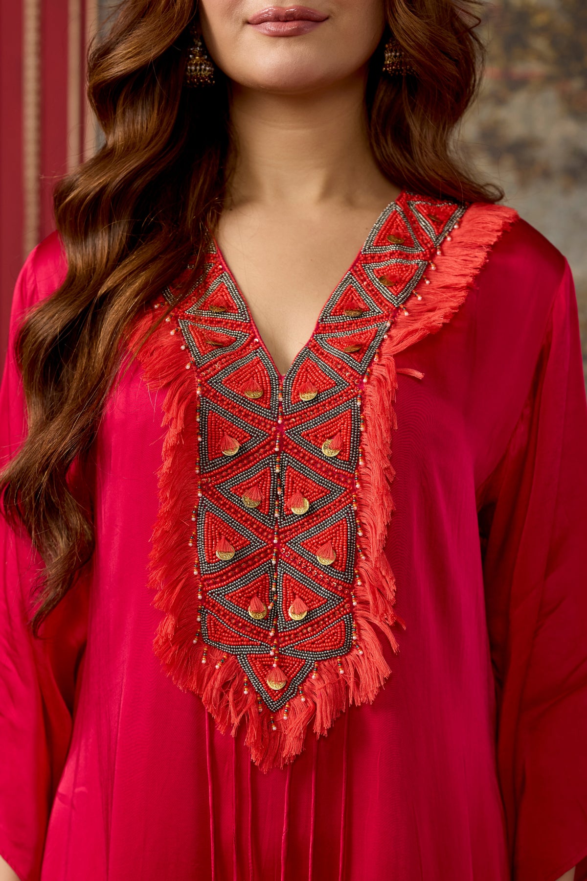 Bright Rani Pink Embellished Satin Silk Pant Set