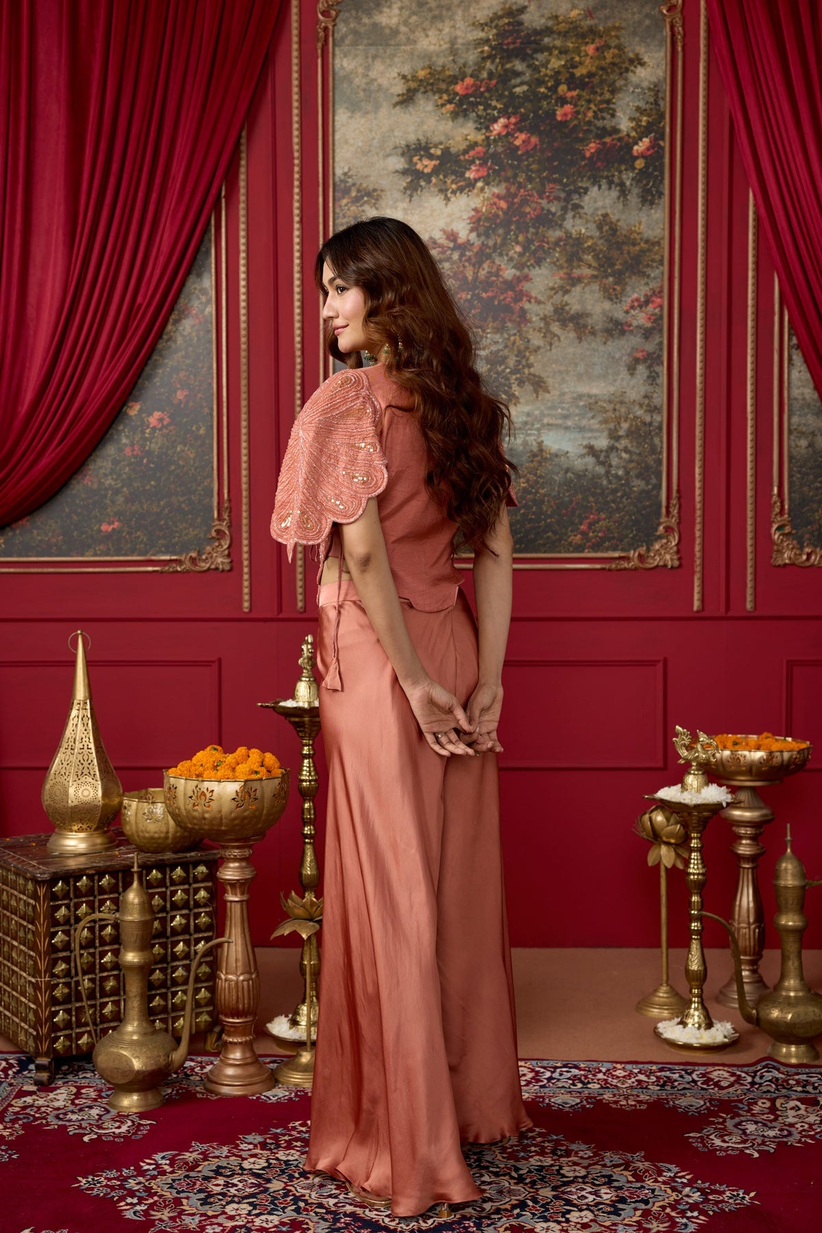 Muted Orange Embellished Crepe Satin Silk Palazzo Set