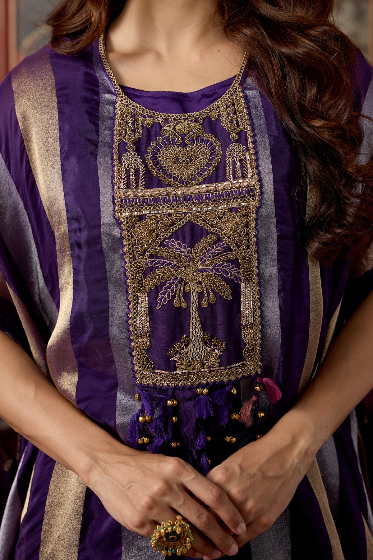 Royal Purple Embellished Crepe Silk Kaftan Set