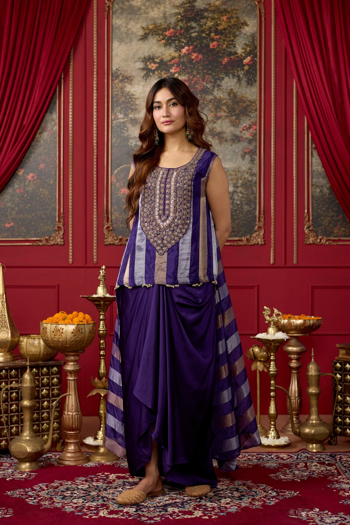 Rich Purple Embellished Crepe Silk Skirt Set