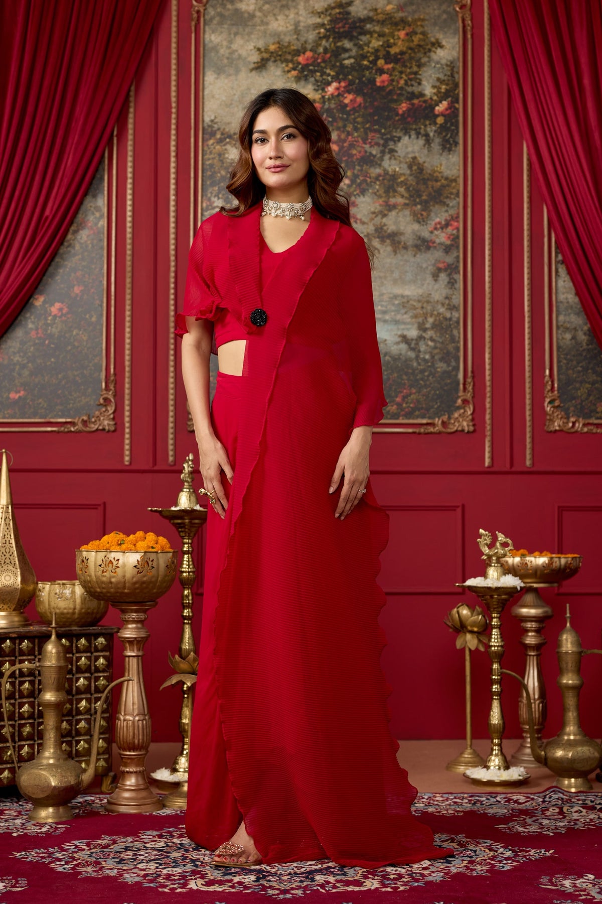 Rich Red Embellished Georgette Silk Skirt Set