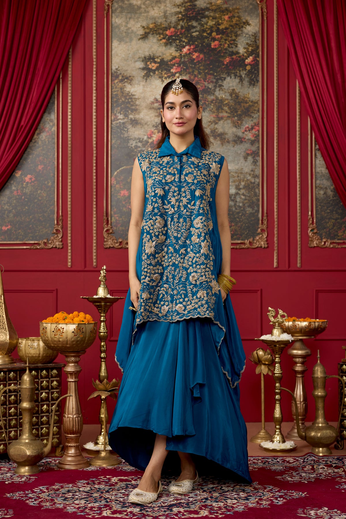 Azure Blue Embellished Crepe Silk Skirt Set