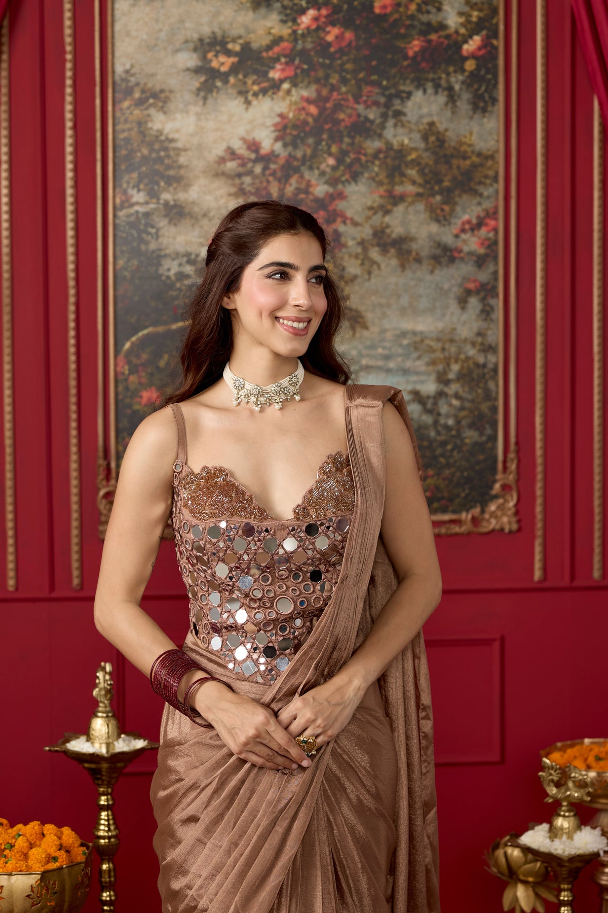Brown Fawn Embellished Georgette Silk Pre-Draped Saree