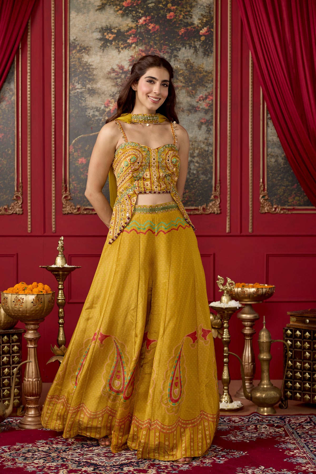 Sunshine Yellow Embellished Shimmer Silk Palazzo Set