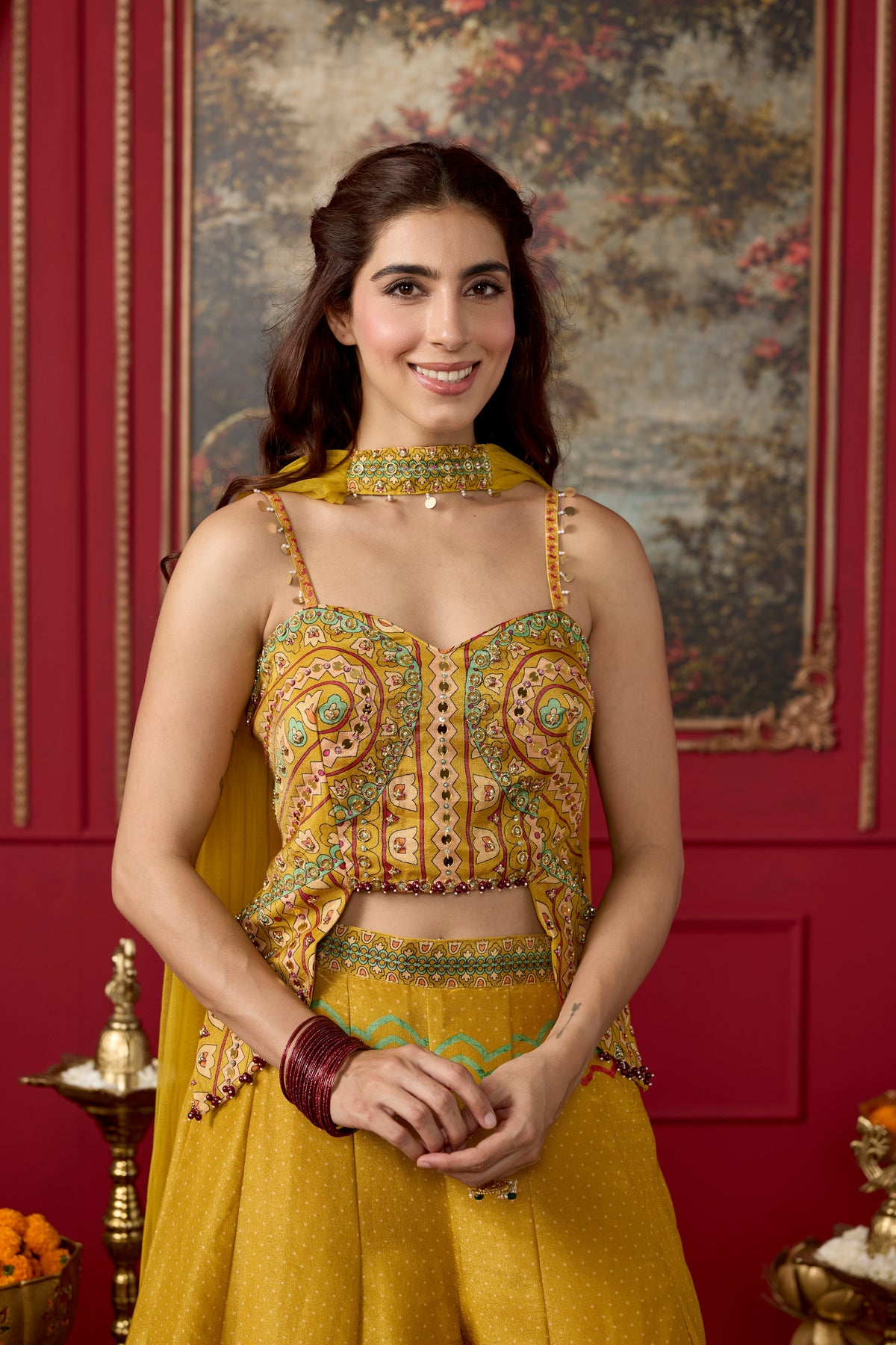 Sunshine Yellow Embellished Shimmer Silk Palazzo Set