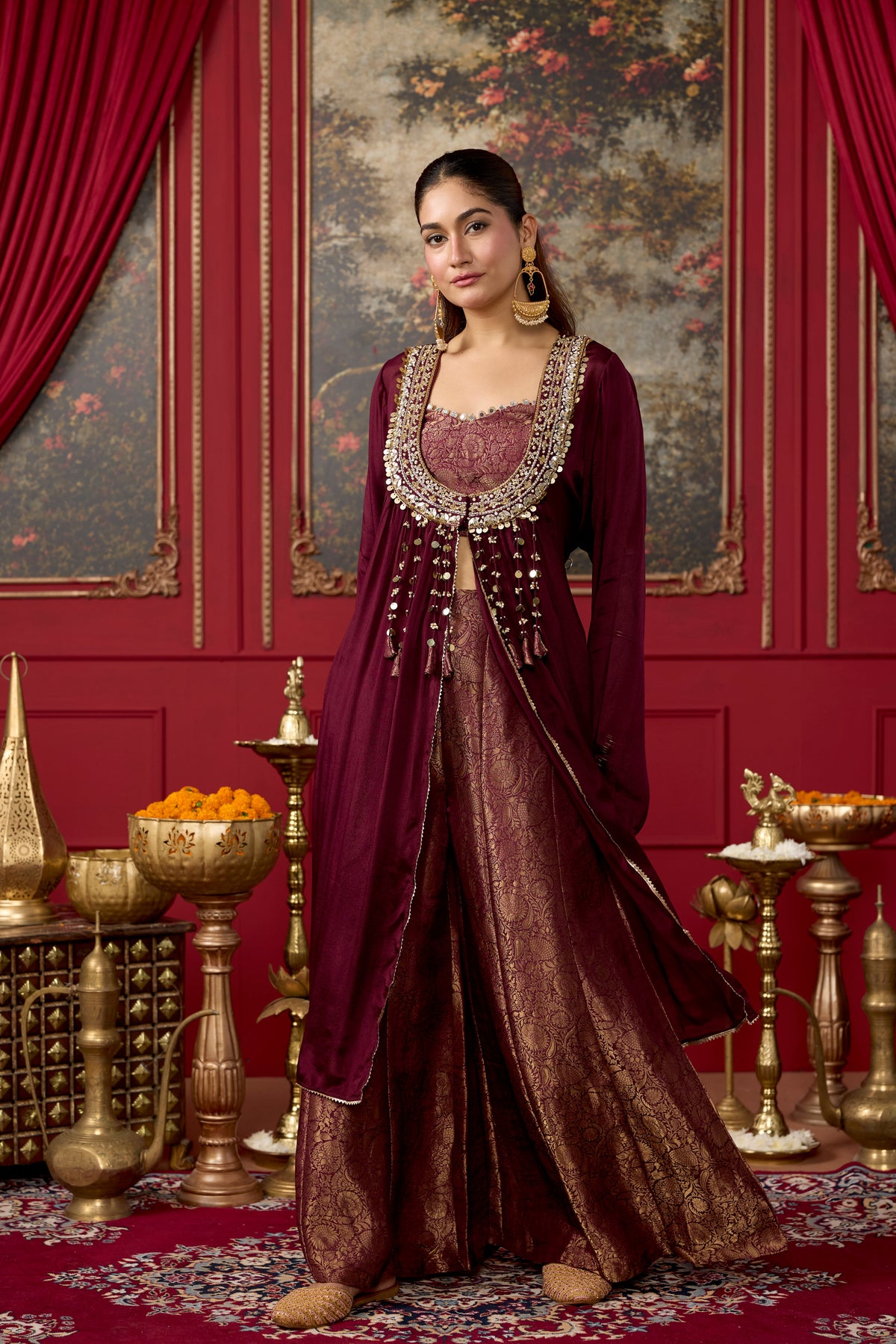 Deep Wine Embellished Brocade Silk Palazzo Set