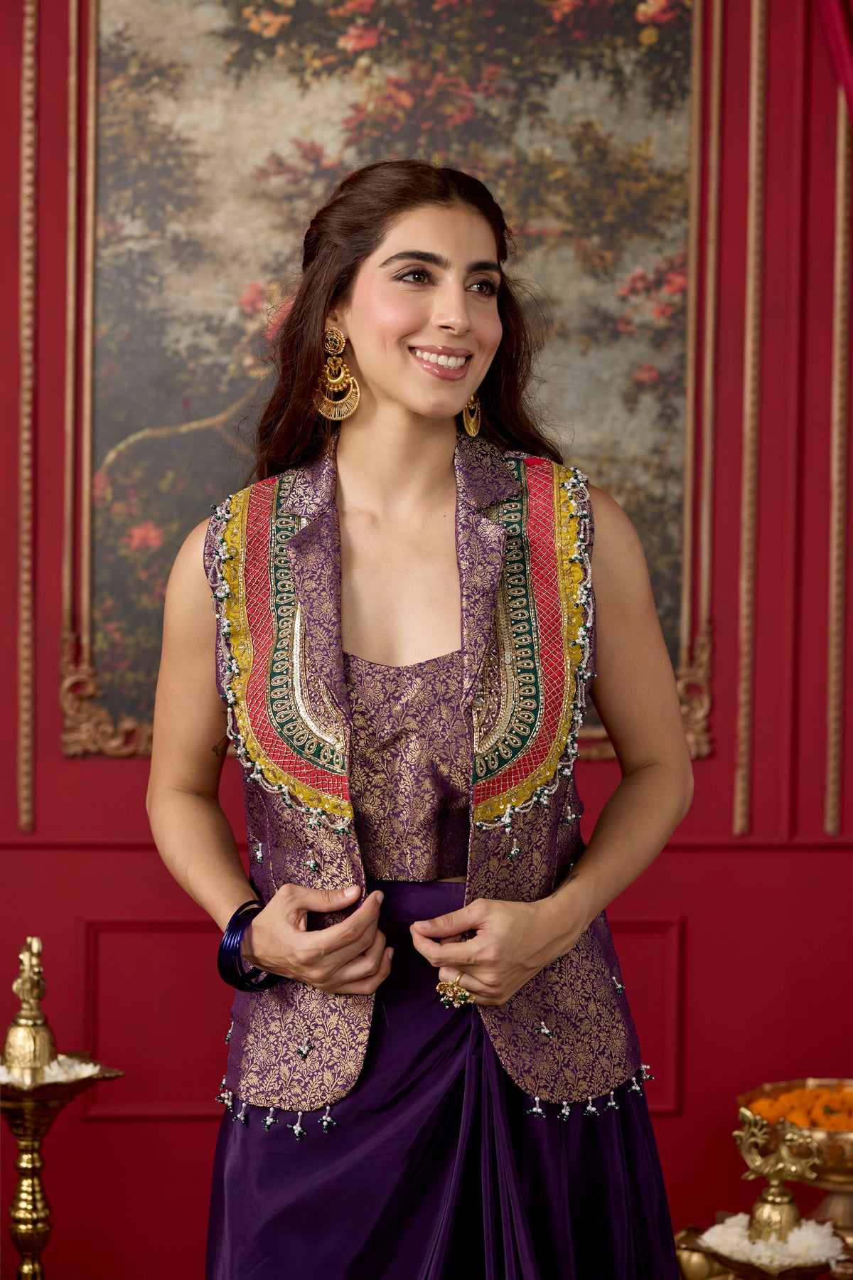 Regal Purple Embellished Crepe Silk Skirt Set