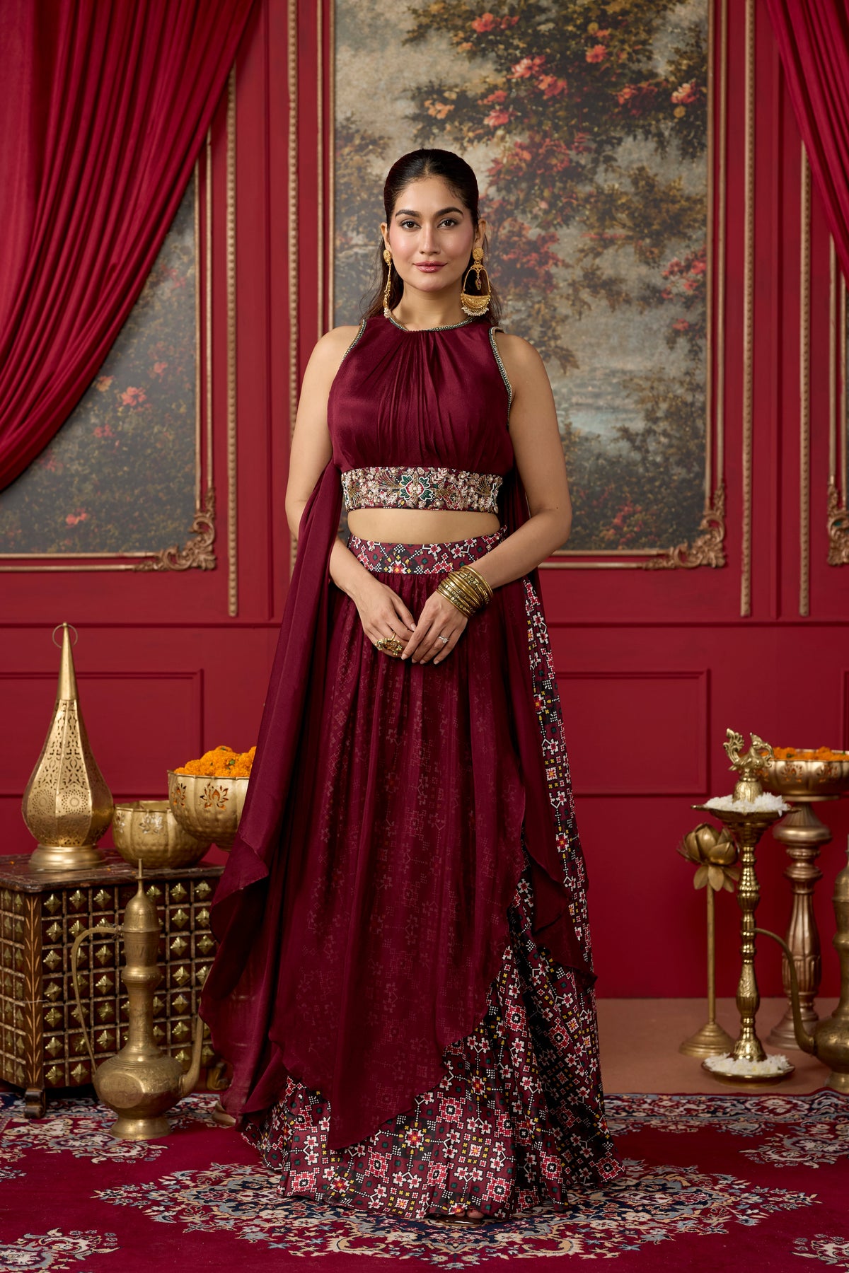 Deep Wine Embellished Chinon Silk Skirt Set