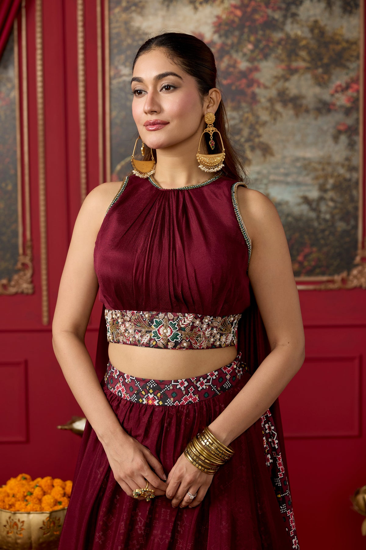Deep Wine Embellished Chinon Silk Skirt Set