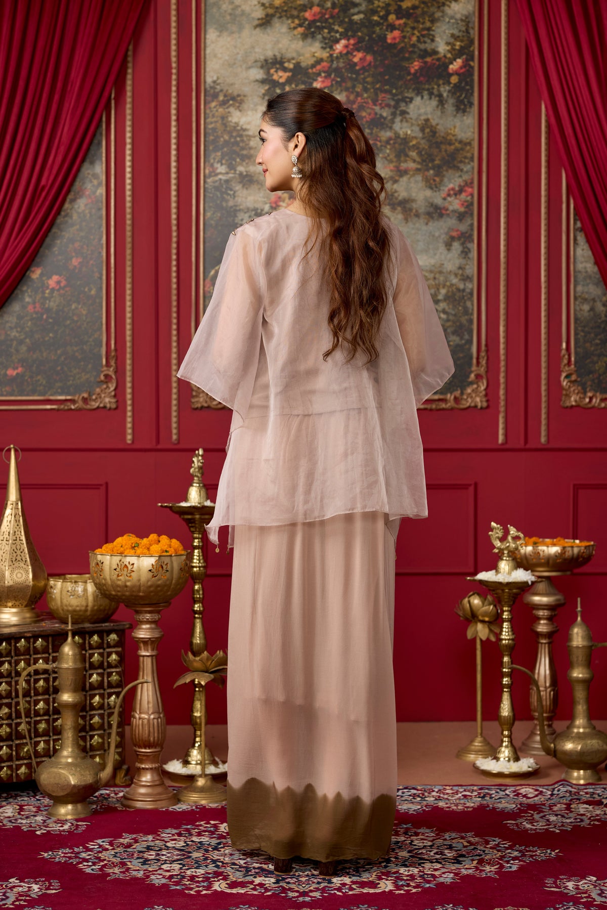 Nude Embroidered Organza Silk  Drape Skirt Set