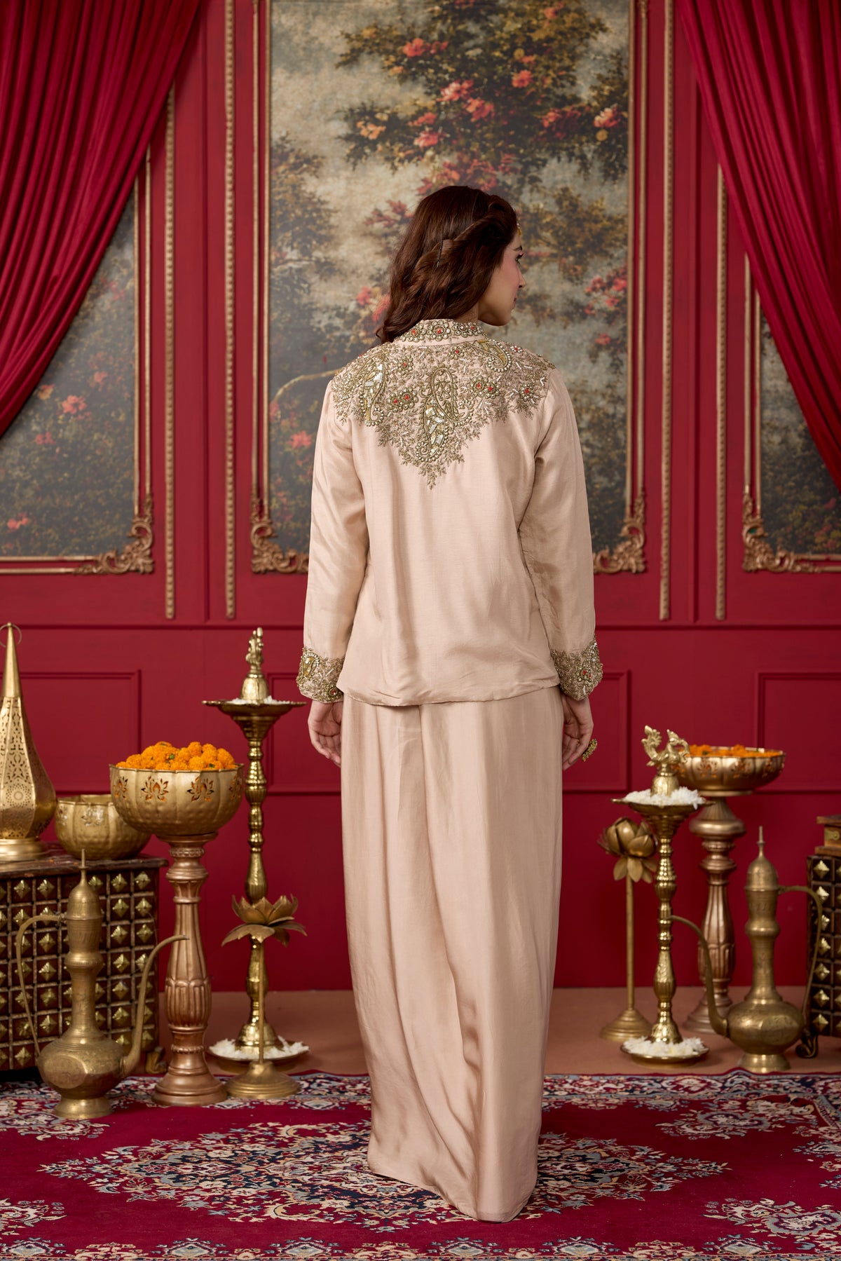 Blush Champagne Embellished Raw Silk Skirt Set