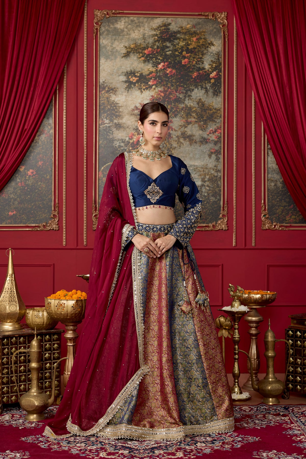 Navy Maroon Embellished Banarasi Brocade Silk Lehenga Set