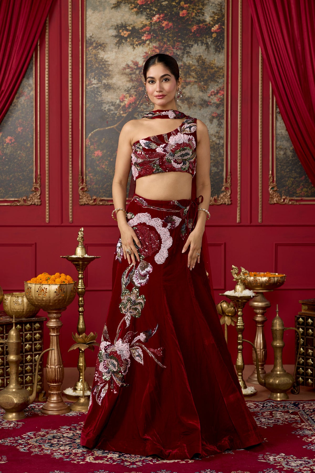 Deep Maroon Embellished Velvet Lehenga Set