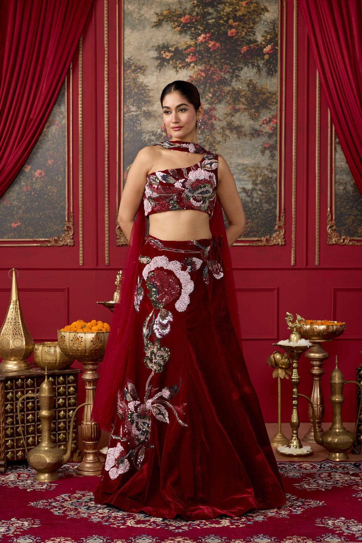Deep Maroon Embellished Velvet Lehenga Set