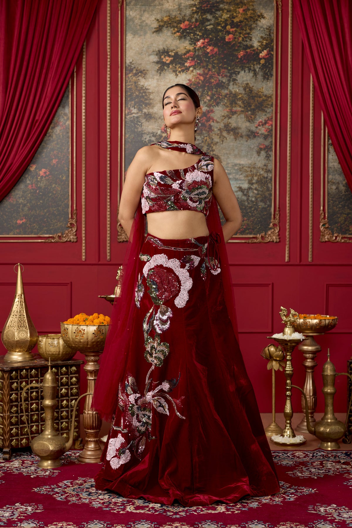 Deep Maroon Embellished Velvet Lehenga Set