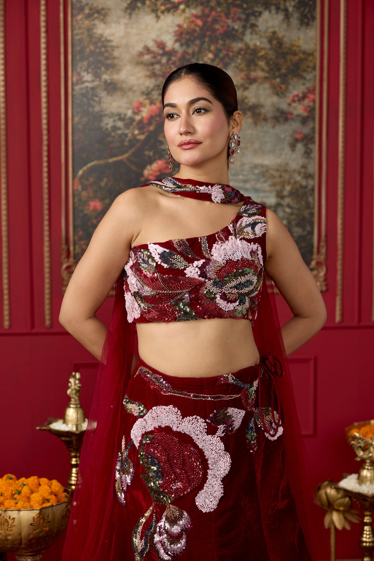 Deep Maroon Embellished Velvet Lehenga Set