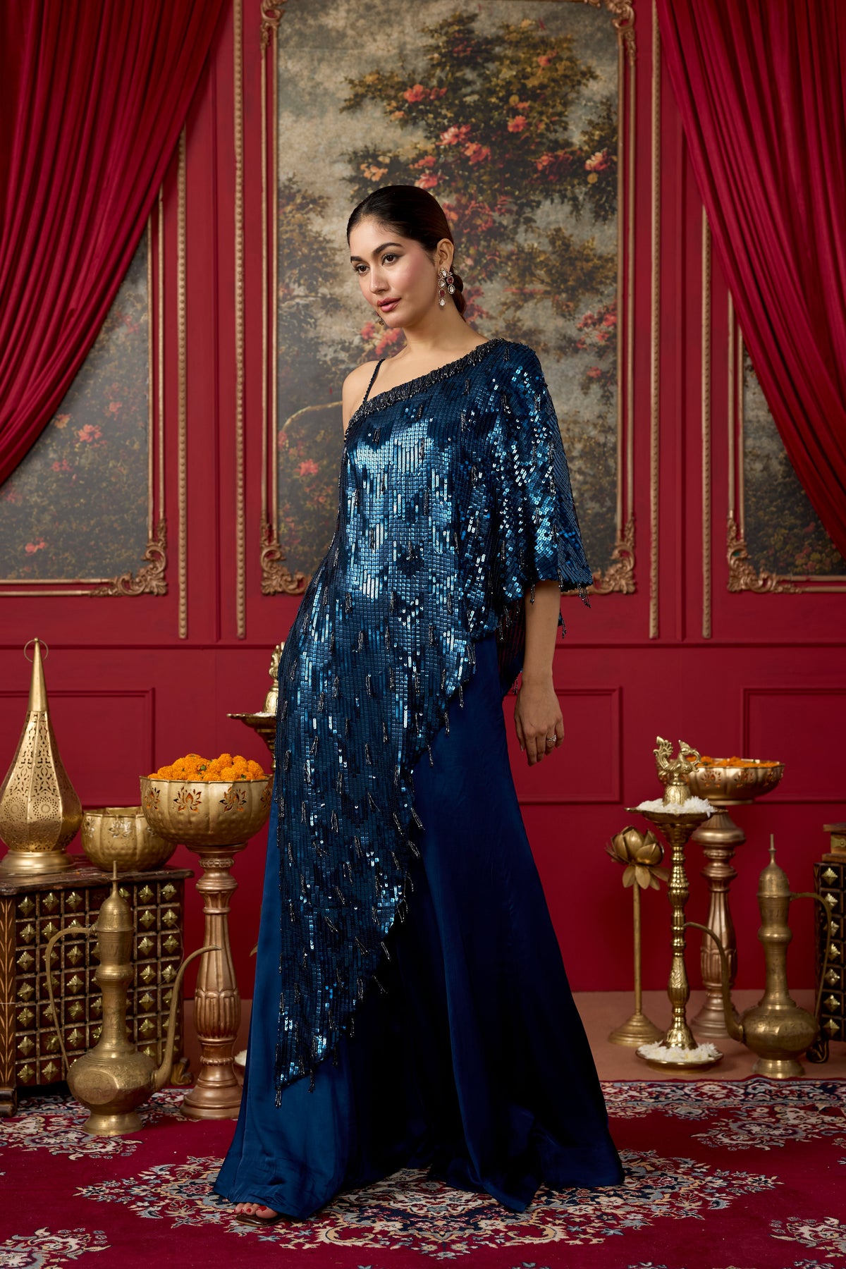 Peacock Blue Embellished Crepe Satin Silk Palazzo Set