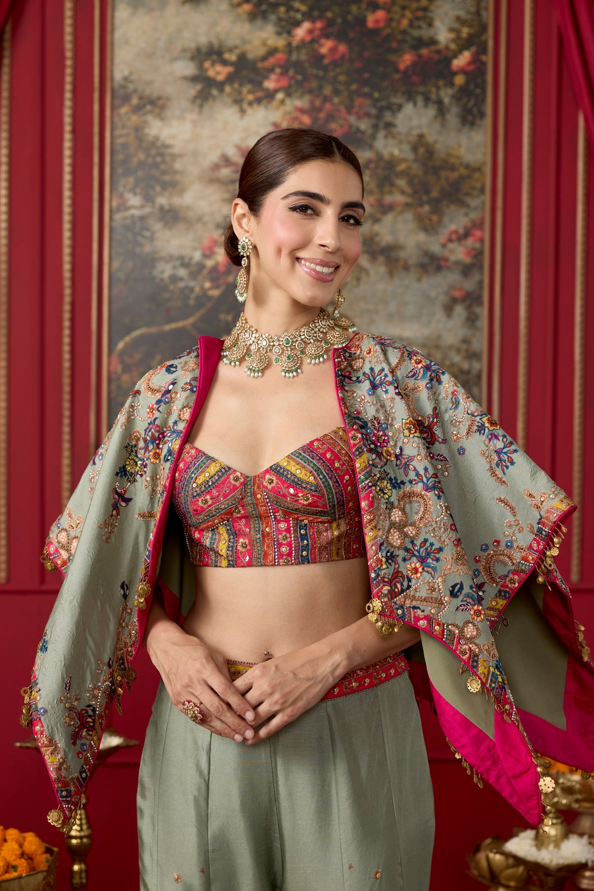 Sage Green Embellished Raw Silk Palazzo Set