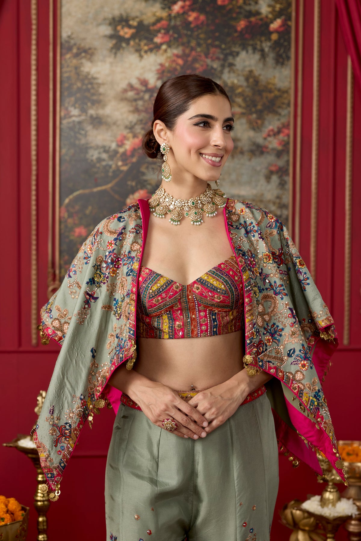 Sage Green Embellished Raw Silk Palazzo Set