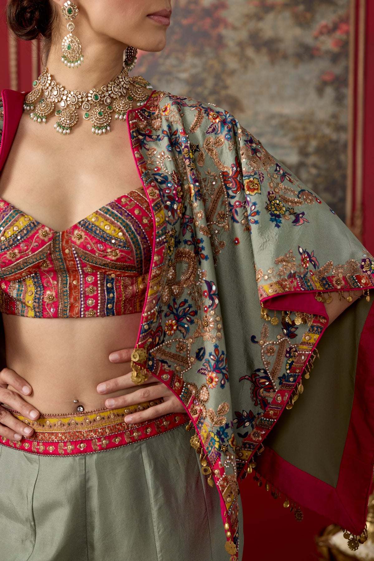 Sage Green Embellished Raw Silk Palazzo Set