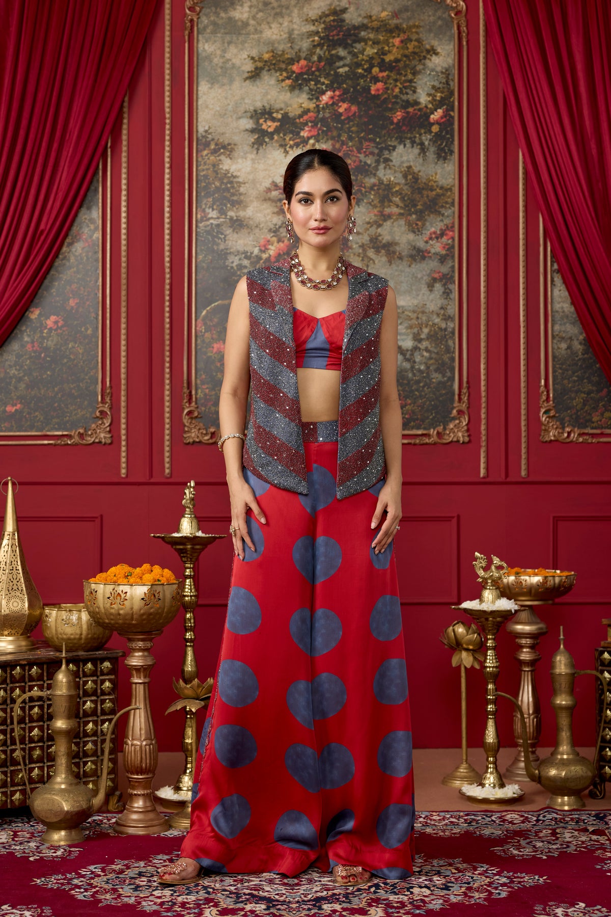 Crimson Red Embellished Crepe Satin Silk Palazzo Set