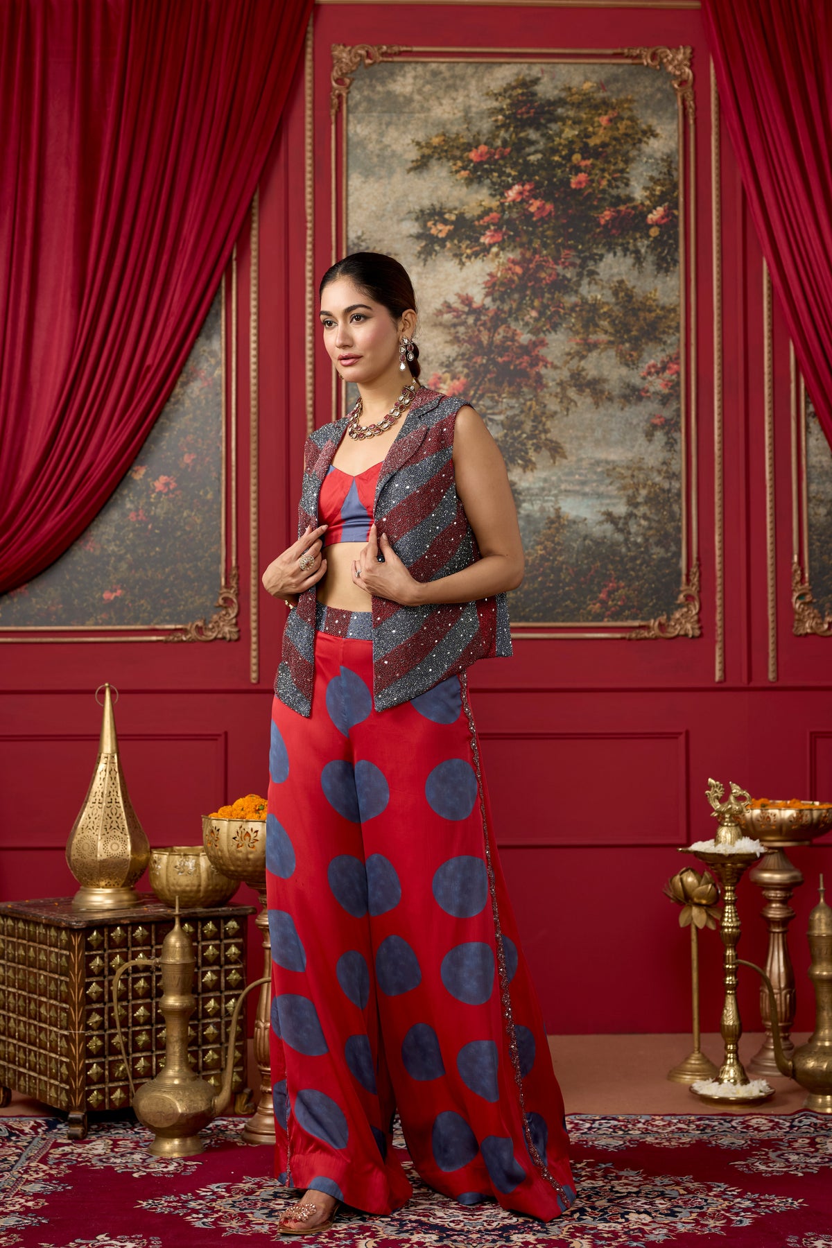 Crimson Red Embellished Crepe Satin Silk Palazzo Set
