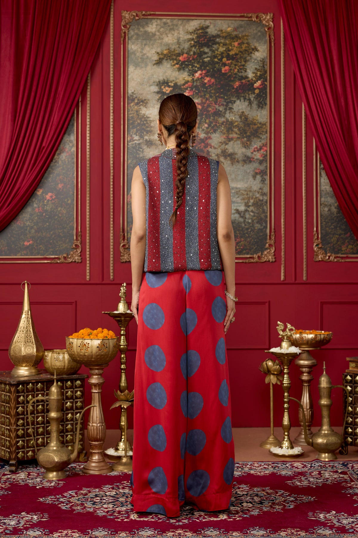 Crimson Red Embellished Crepe Satin Silk Palazzo Set
