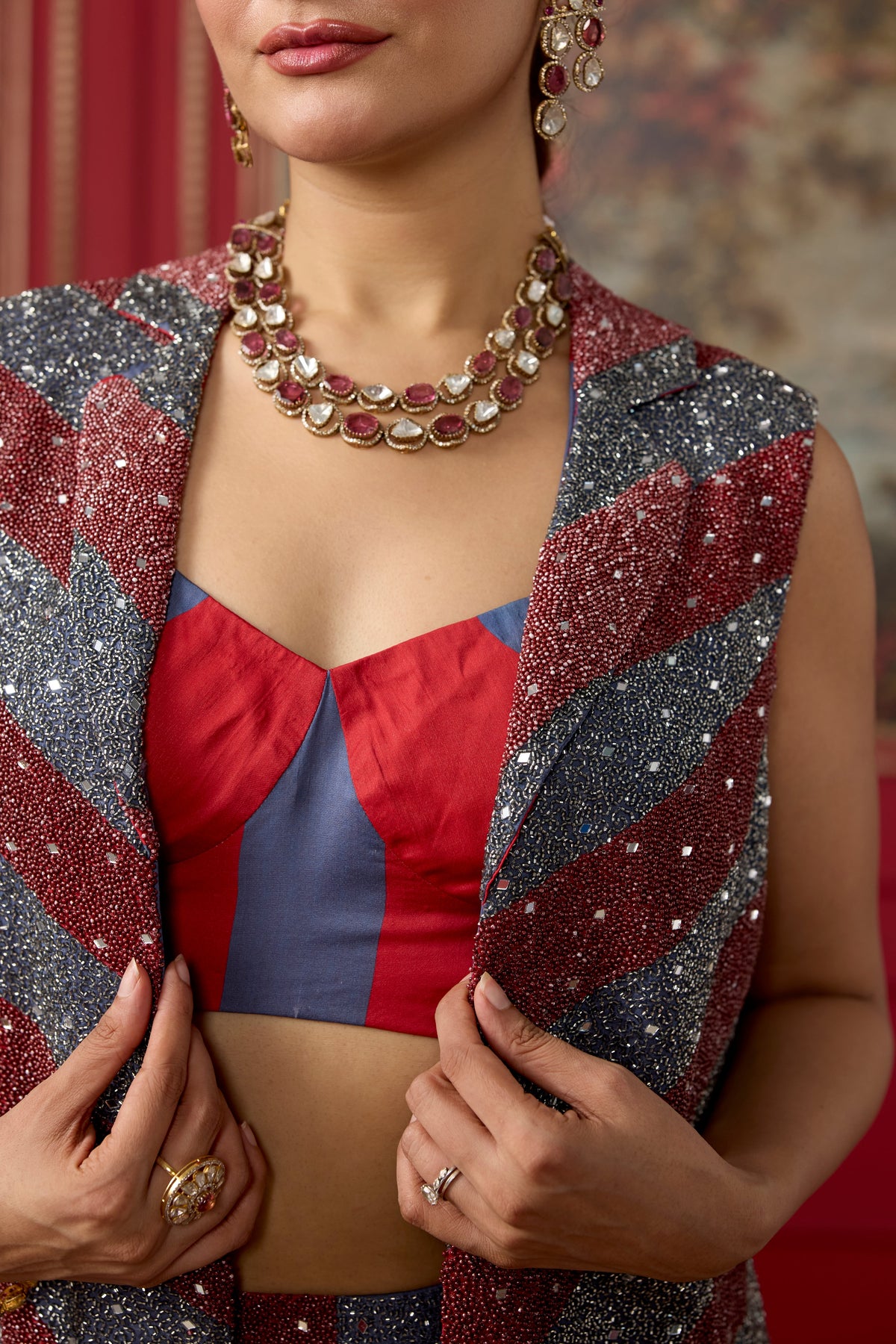Crimson Red Embellished Crepe Satin Silk Palazzo Set
