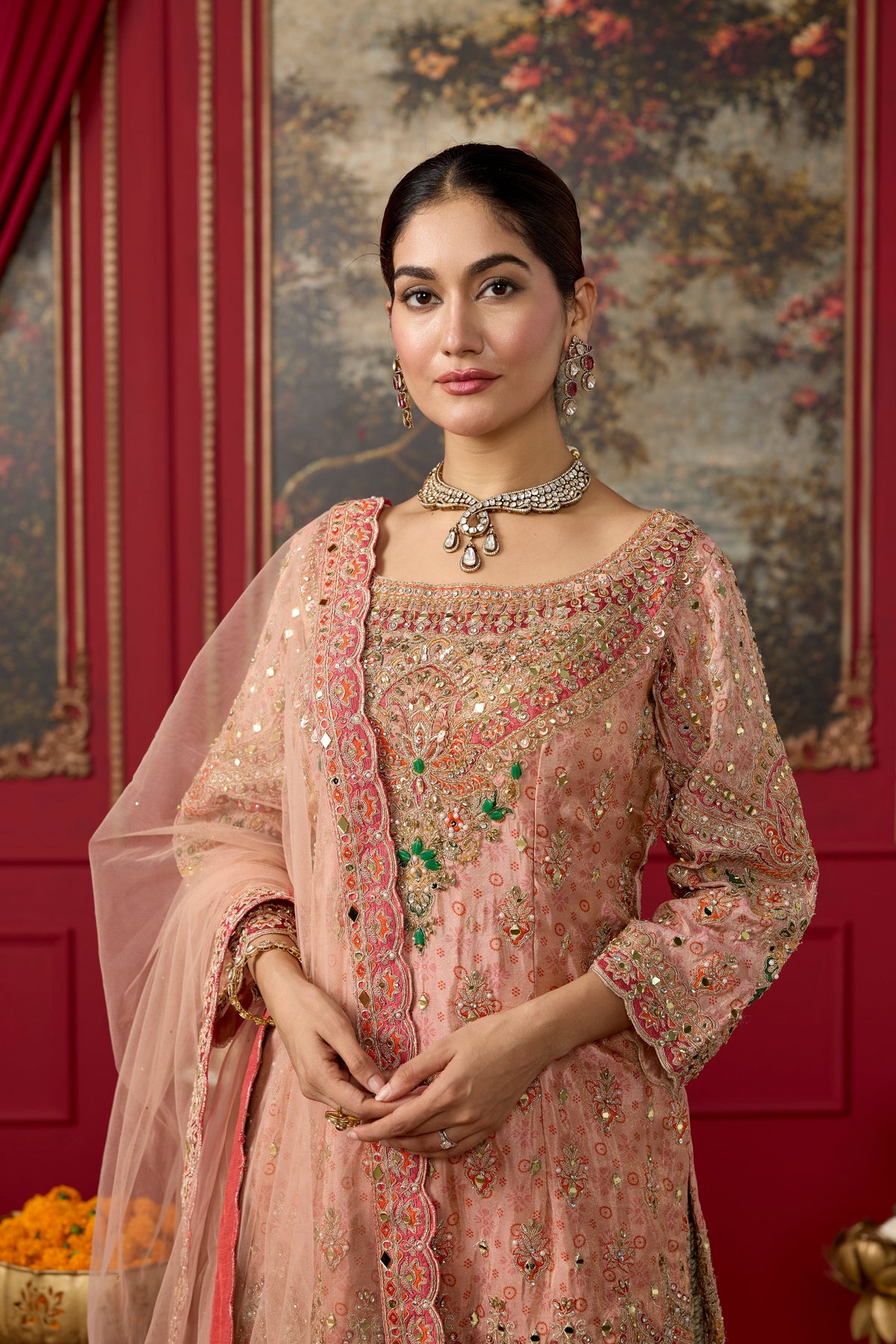 Coral Peach Embellished Shimmer Silk Palazzo Set