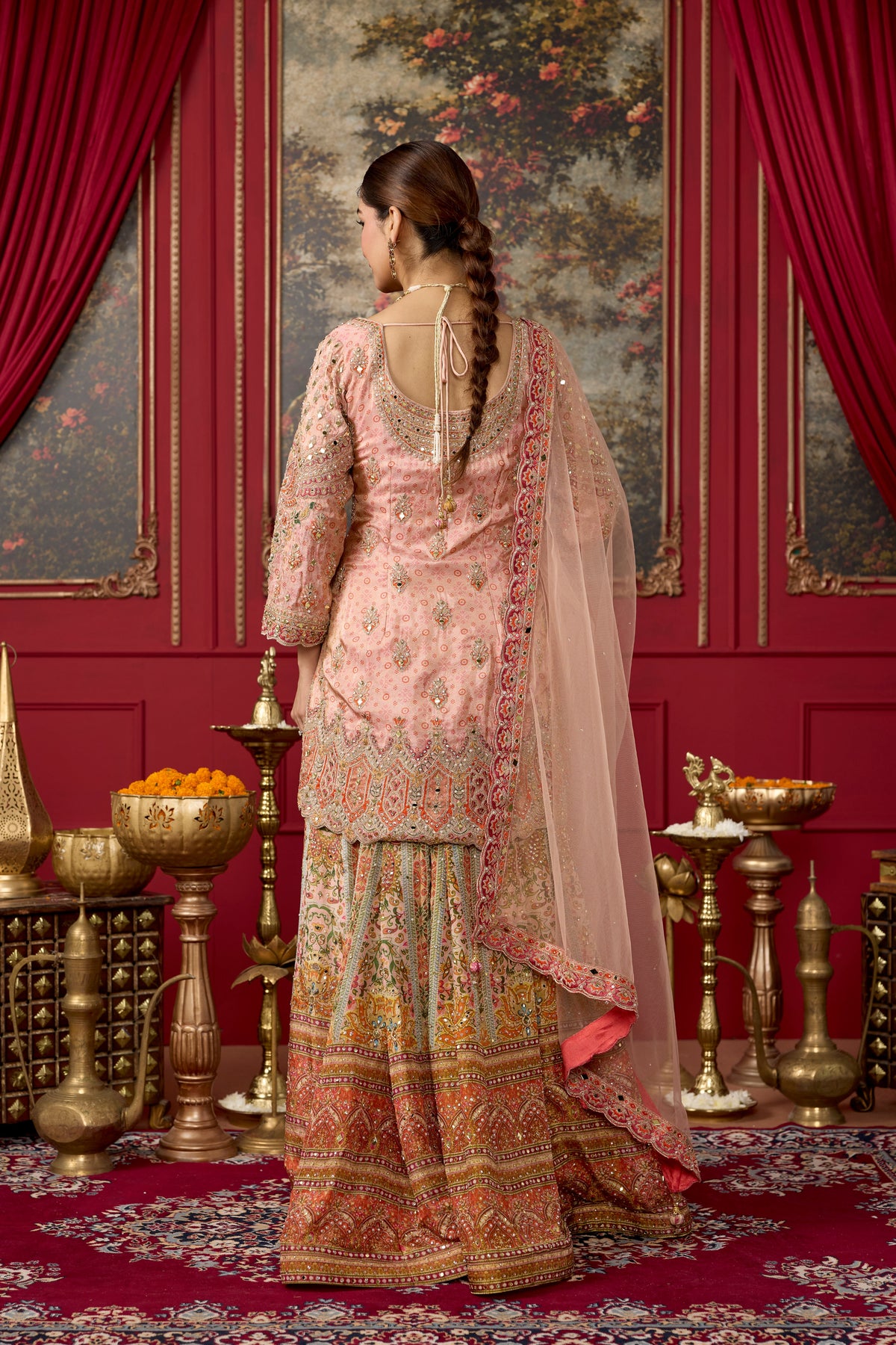 Coral Peach Embellished Shimmer Silk Palazzo Set