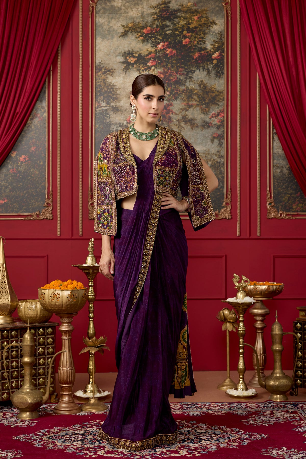 Deep Purple Embellished Chinon Silk Draped Skirt Saree