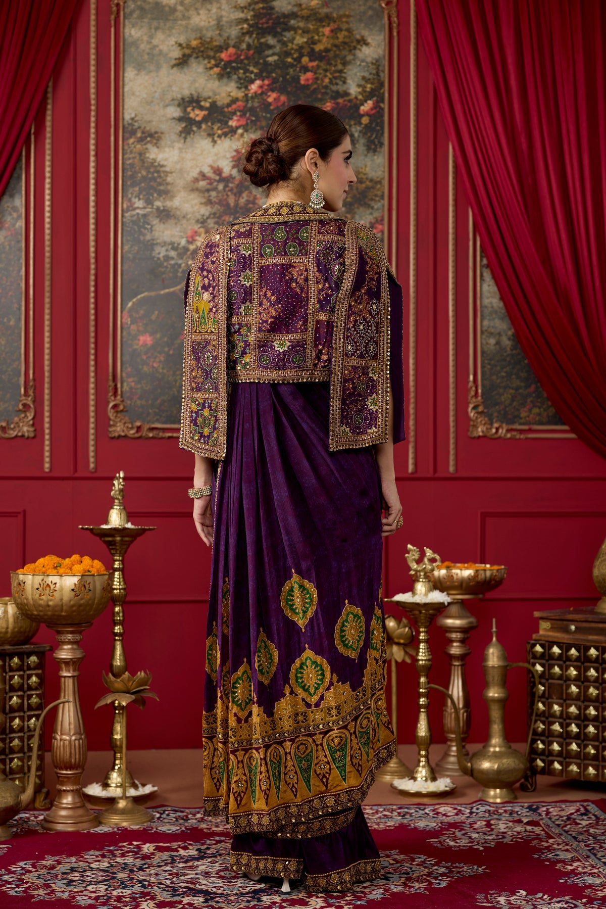 Deep Purple Embellished Chinon Silk Draped Skirt Saree