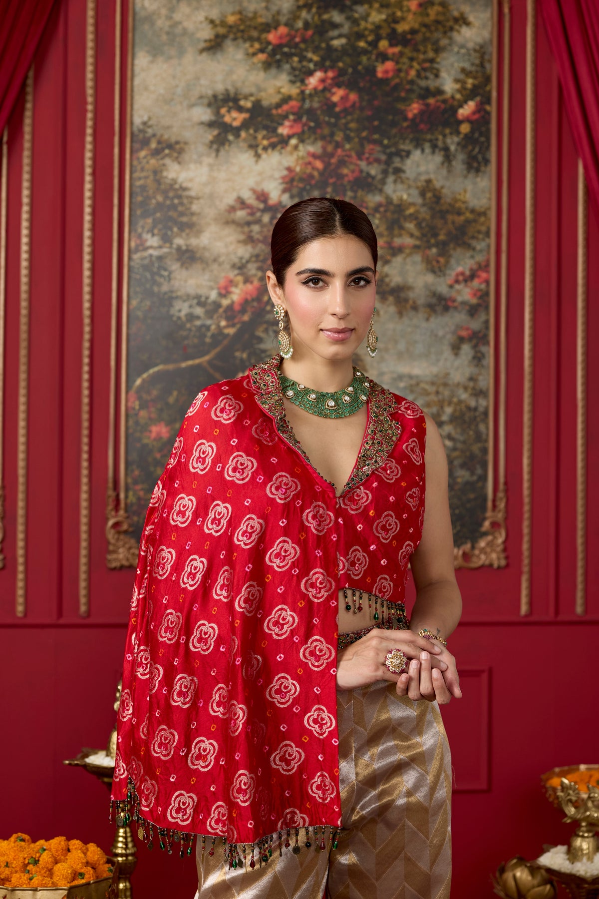 Red Embellished Chanderi Silk Palazzo Set