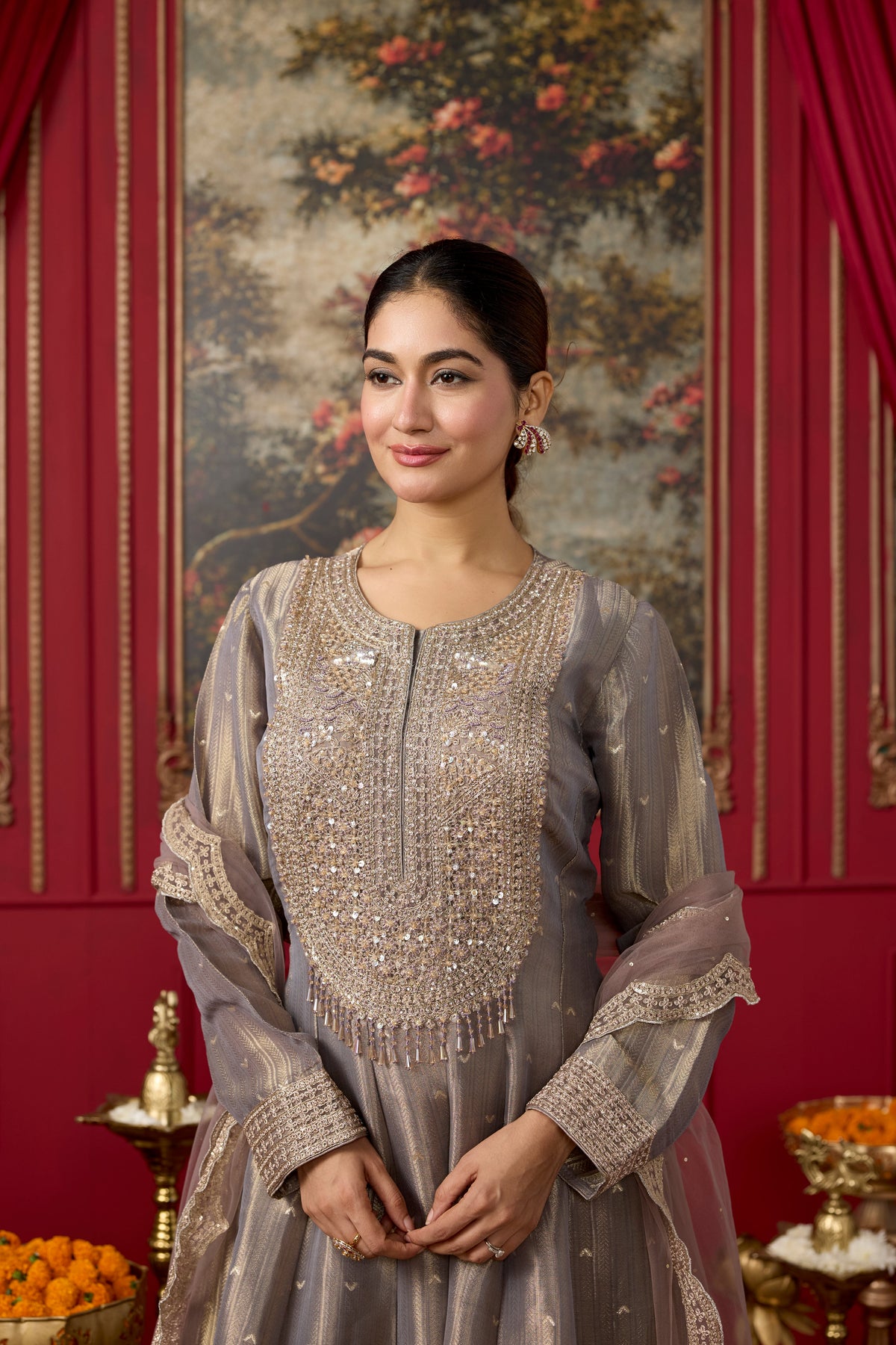 Mauve Taupe Embellished Brocade Silk Anarkali Set