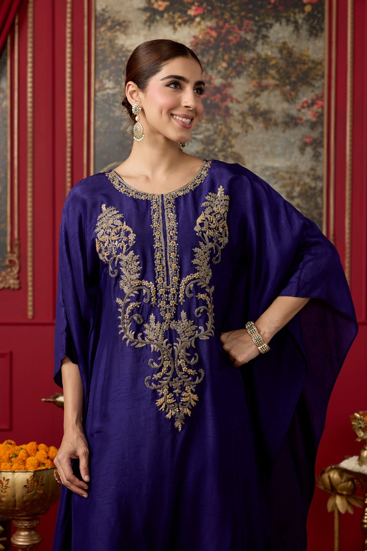 Deep Purple Embellished Raw Silk Kaftan Set