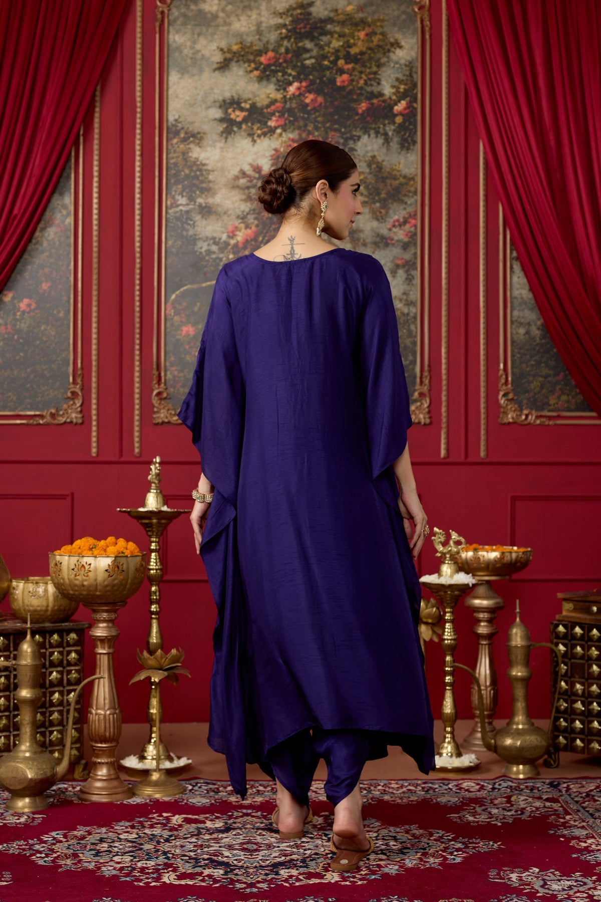 Deep Purple Embellished Raw Silk Kaftan Set