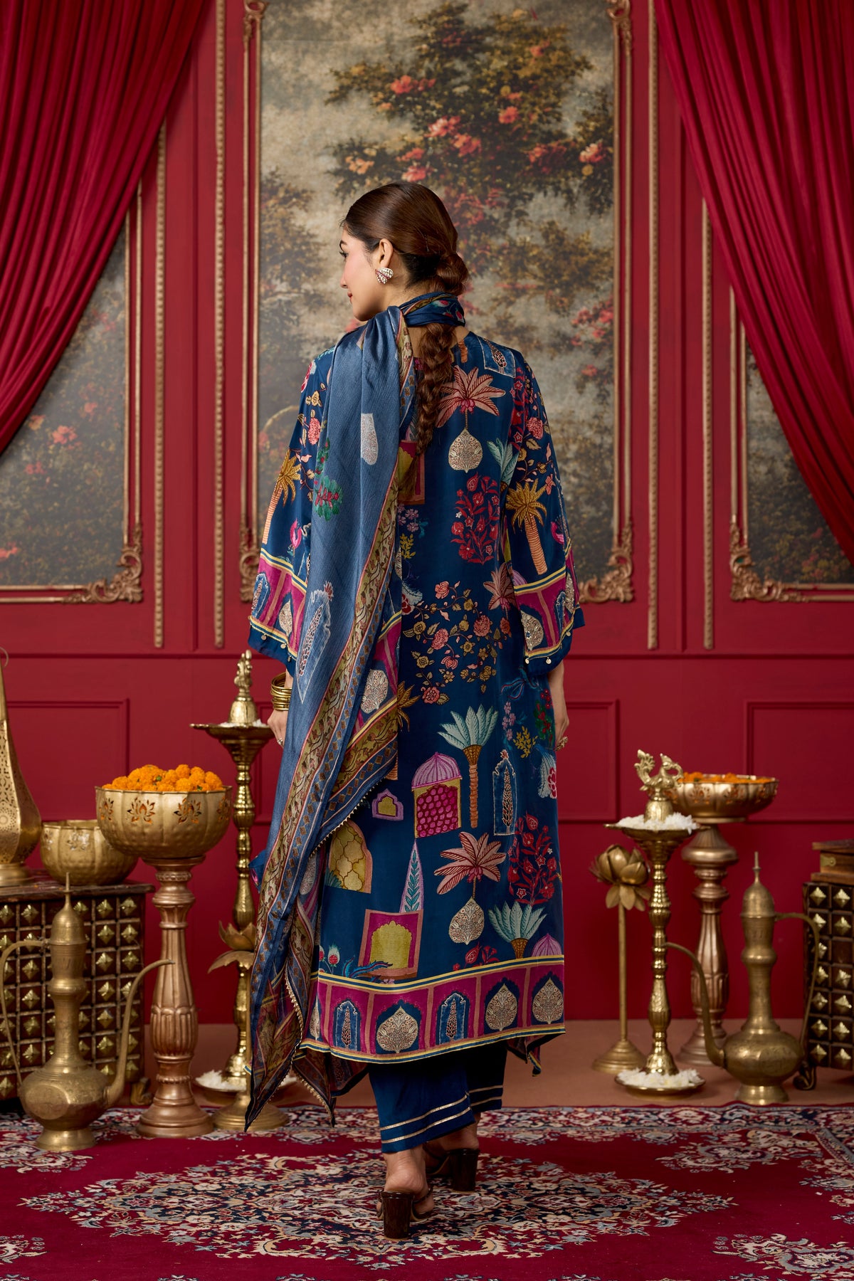 Royal Blue Embellished Crepe Silk Kurta Set