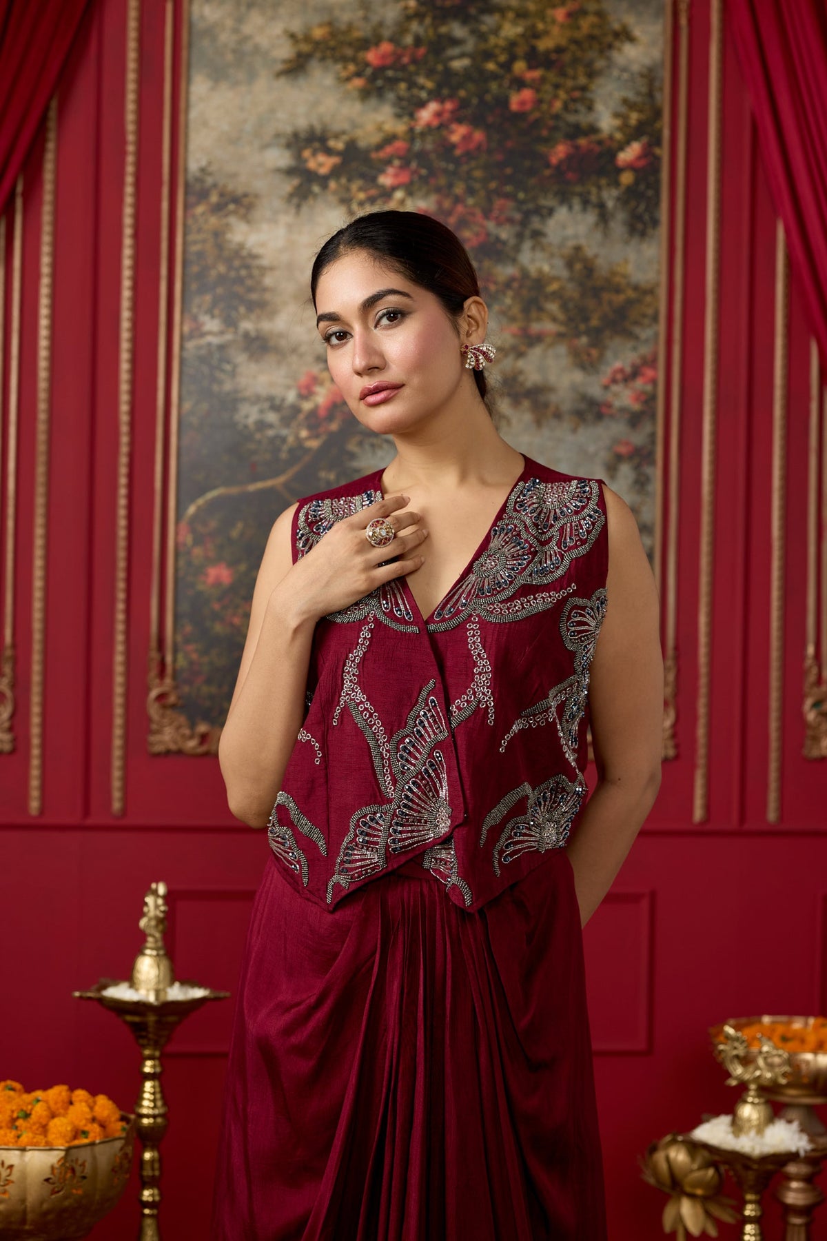 Wine Maroon Embellished Raw Silk Skirt Set