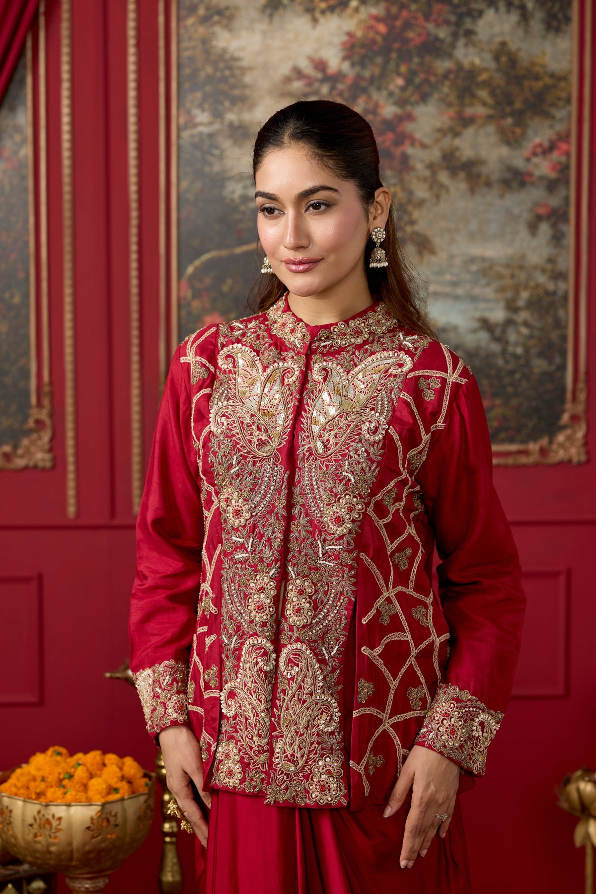 Deep Red Embellished Raw Silk Skirt Set