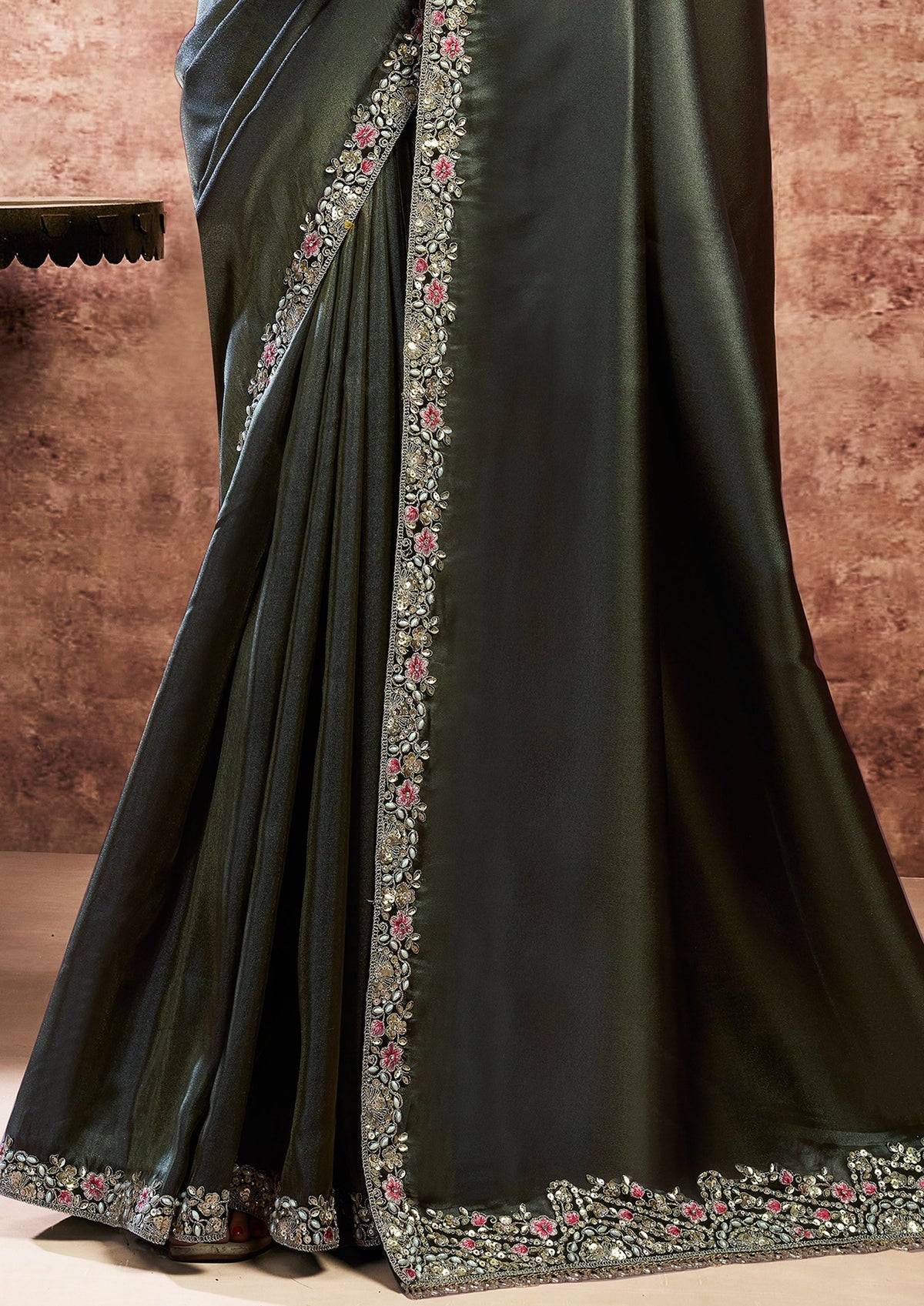 Charcoal Grey Embellished Organza Satin Silk Saree