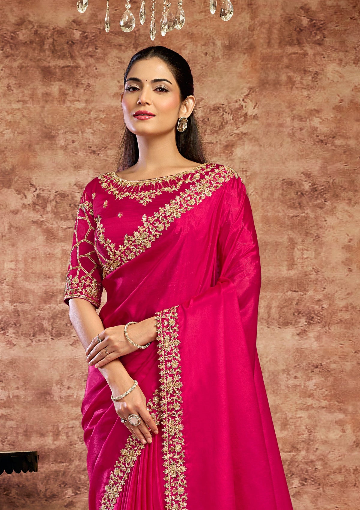 Vibrant Magenta Embellished Upadda Silk Saree