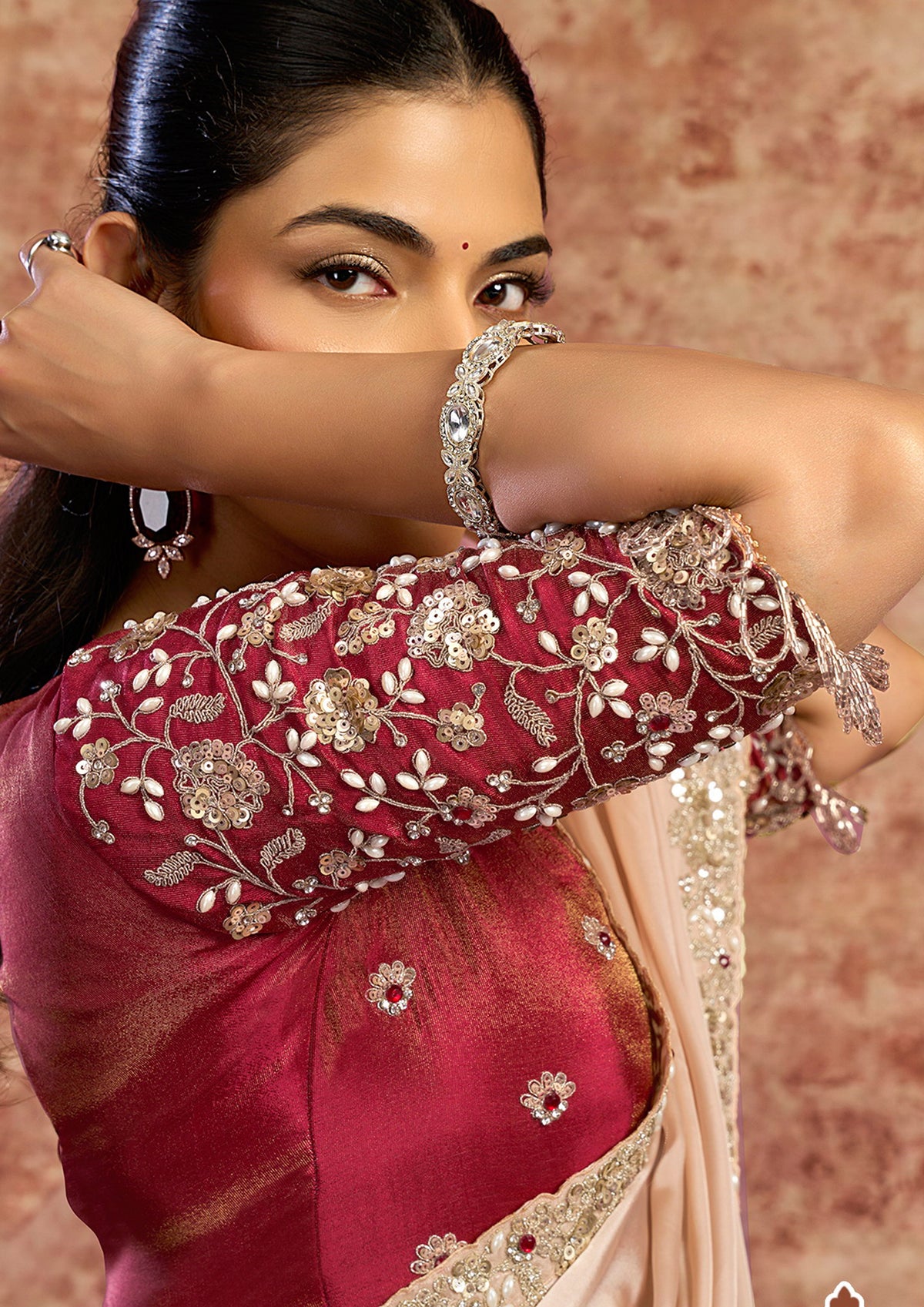 Champagne Peach Embellished Satin Silk Saree